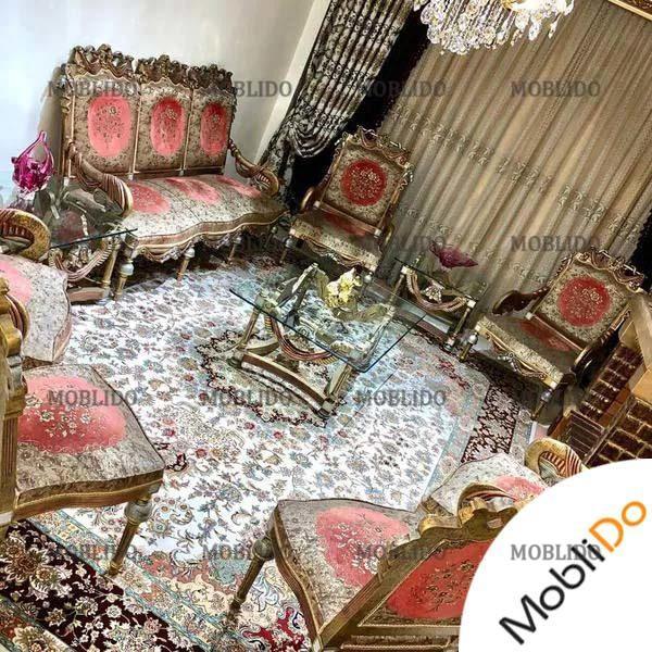 مبلمان سلطنتی مصری مدل شال تمام چوب پارچه سه گل
