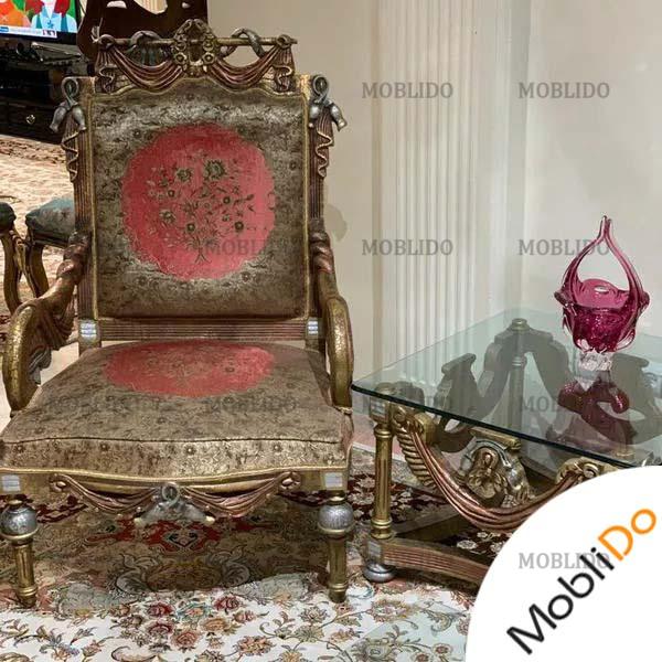 مبلمان سلطنتی مصری مدل شال تمام چوب پارچه سه گل
