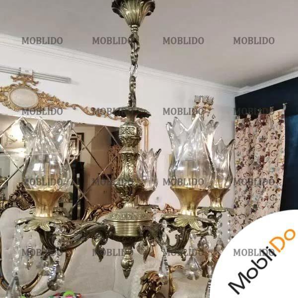 لوستر ۵ شاخه برنجی سنگین طلایی زیتونی