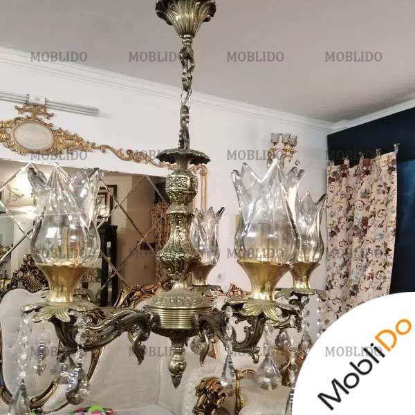 لوستر ۵ شاخه برنجی سنگین طلایی زیتونی