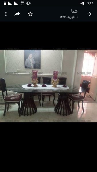 مبل هفت نفره با ناهارخوری هشت نفره با میز خاطره میز وسط دوتا کنارمبلی جنس چوب درحدنو