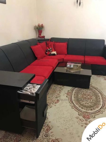مبل راحتی ال با میز وسط مشکی قرمز