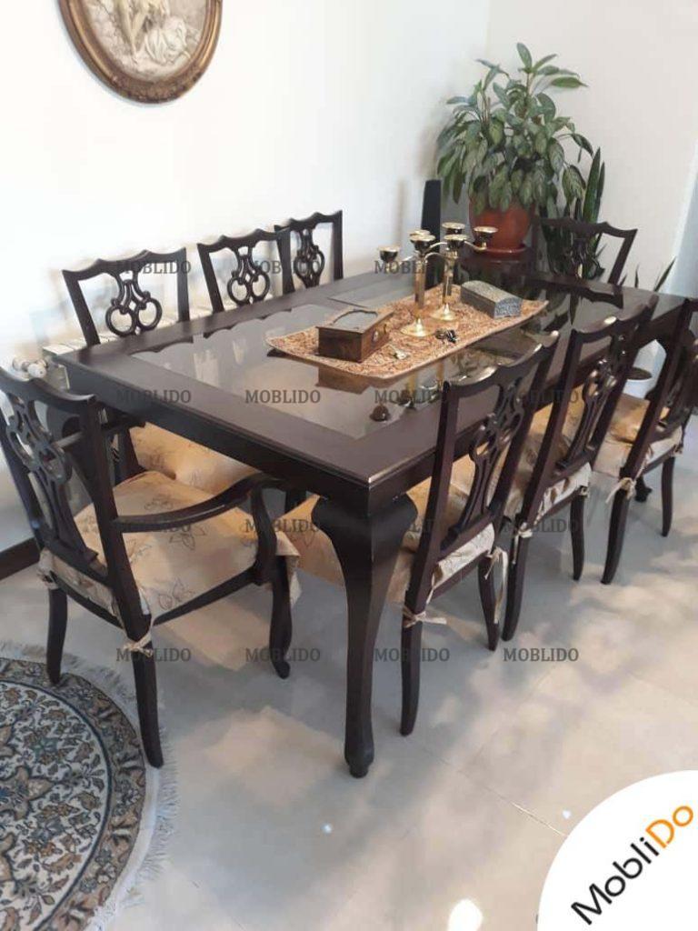 مبلمان چوبی کلاسیک و میز ناهار خوری سفید لمسه