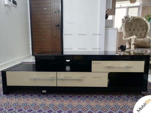 میز تلویزیون کرم مشکی با صفحه شیشه