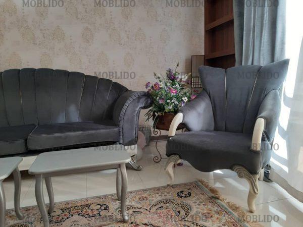 مبل هفت نفره به همراه ناهارخوری شش نفره و یک میل شزلون با میزو پنج عسلی