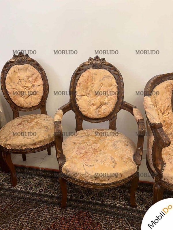 ست مبل فرحی فرانسوی چوب گردو ۸ نفره و میز جلو و دو عسلی و میز ناهارخوری ۶ نفره
