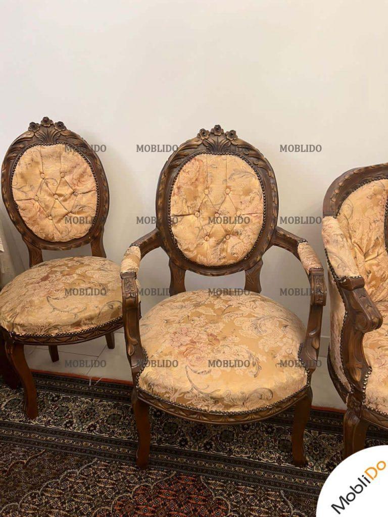 ست مبل فرحی فرانسوی چوب گردو ۸ نفره و میز جلو و دو عسلی و میز ناهارخوری ۶ نفره
